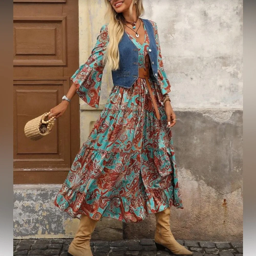 Boho floral paisley print maxi dress